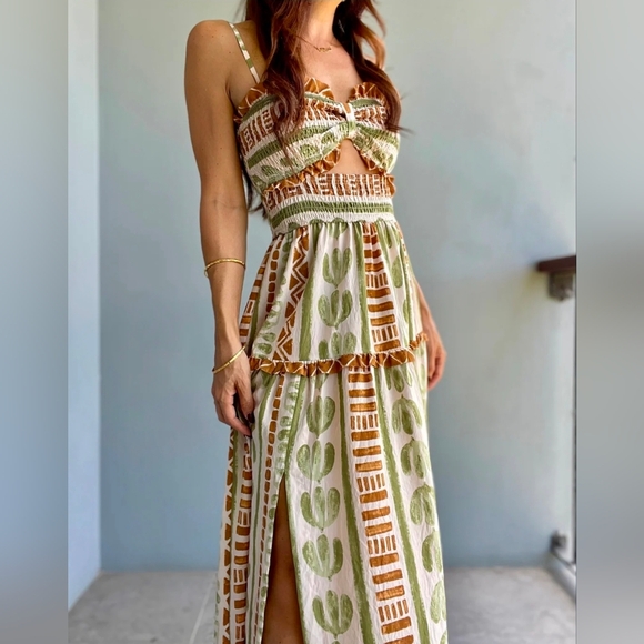 Dress Forum Dresses & Skirts - The Bahamas Cutout Smocked Maxi Dress- Green Brown Border Print M